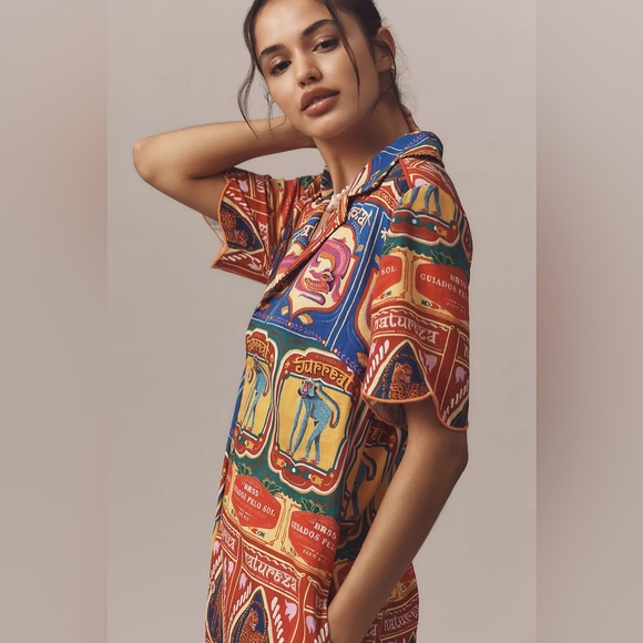 Farm Rio Graphic Scalloped Mini Shirt Dress, Size L - Picture 5 of 14